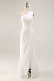 Chiffon Ivory One Shoulder Maxi Sheath Beach Engagement Dress with Slit