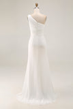 Chiffon Ivory One Shoulder Maxi Sheath Beach Engagement Dress with Slit