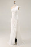 Chiffon Ivory One Shoulder Maxi Sheath Beach Engagement Dress with Slit
