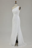 Chiffon Ivory One Shoulder Maxi Sheath Beach Engagement Dress with Slit