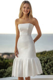 Ivory Satin Strapless Bodycon Midi Bachelorette Dress