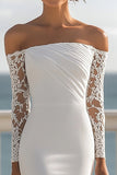 Ivory Chiffon Ruched Mermaid Maxi Rehearsal Dinner Dress with Sleeves