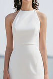 Halter Satin Ivory Sheath Rehearsal Dinner Dress with Slit
