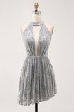Sparkly A-Line Cut Out Short Open Back Silver Cocktail Dress