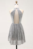 Sparkly A-Line Cut Out Short Open Back Silver Cocktail Dress