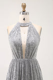 Sparkly A-Line Cut Out Short Open Back Silver Cocktail Dress