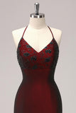 Black Red Criss Cross Back Sheath Bridesmaid Dress with Beading