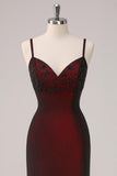 Black Red Sheath Bridesmaid Dress with Beading