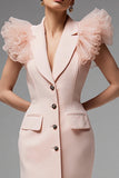 Pencil Single Breasted Short Pink Blazer Dress with Ruffles