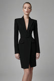 Black Satin Peak Lapel Bodycon Work Dress
