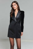Black Satin Bodycon Peak Lapel Work Dress with Long Sleeves