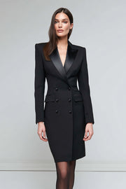 Satin Black Peak Lapel Midi Work Dress