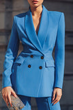 Blue 2 Piece Shawl Lapel Satin Business Suits with Sleeves