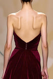 Velvet Dark Red A Line Strapless Long Holiday Party Dress