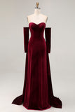 Sweetheart Dark Red Velvet A Line Long Evening Dress