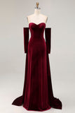 Dark Red Sweetheart A Line Long Velvet Dress with Long Sleeves