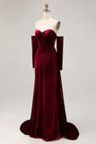 Dark Red Sweetheart A Line Long Velvet Dress with Long Sleeves