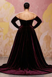 Dark Red Sweetheart A Line Long Velvet Dress with Long Sleeves