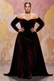 Sweetheart Dark Red Velvet A Line Long Evening Dress