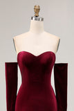 Dark Red Sweetheart A Line Long Velvet Dress with Long Sleeves