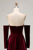 Dark Red Sweetheart A Line Long Velvet Dress with Long Sleeves