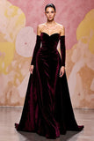 Dark Red Sweetheart A Line Long Velvet Dress with Long Sleeves