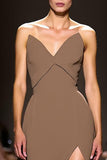 Coffee A-Line V-Neck Satin Evening Dress with Slit