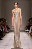 Sequin Champagne A-Line Strapless Long Evening Dress