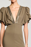 Olive Sheath V Neck Midi Wedding Guest Dress With Sequins