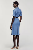 Blue Notched Lapel Sheath Mini Work Dress With Belt