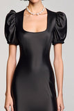 A Line Black Puff Sleeve Long Wedding Guest Dress