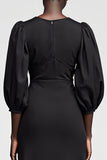 Black A Line 3/4 Sleeve Long Wedding Guest Dress With Tassel
