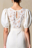 Ivory Sheath Puff Sleeves Weddig Guest Dress