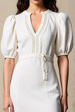 Ivory Sheath Puff Sleeves Weddig Guest Dress