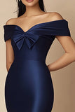 Off the Shoulder Navy Mermaid Satin Evening Dress with Slit