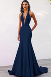 Deep V Neck Halter Mermaid Fuchsia Evening Dress