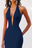 Deep V Neck Halter Mermaid Fuchsia Evening Dress