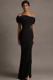 Black and Pink Satin Ruffled Off the Shoulder Sheath Long Evening Dress