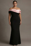 Black and Pink Satin Ruffled Off the Shoulder Sheath Long Evening Dress