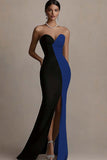 Black and White Sheath Satin Strapless Long Evening Dress with Slit