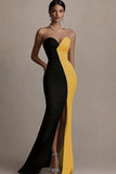 Black and White Sheath Satin Strapless Long Evening Dress with Slit