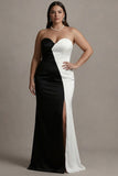 Black and White Sheath Satin Strapless Long Evening Dress with Slit