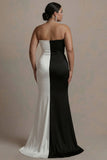 Black and White Sheath Satin Strapless Long Evening Dress with Slit
