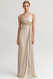 Champagne V Neck Sheath Ruched Evening Dress