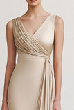 Champagne V Neck Sheath Ruched Evening Dress