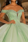 Glitter Light Tulle Green Ball Gown Long Quinceanera Dress with Appliques