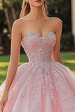 Pink Princess Long Tulle Quinceanera Dress with Lace