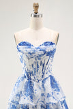 Strapless White Blue Flower Corset A-Line Tiered Ruffle Cocktail Dress