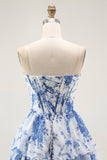 Strapless White Blue Flower Corset A-Line Tiered Ruffle Cocktail Dress