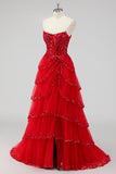 Sparkly Dark Red A Line Strapless Sequins Tiered Corset Prom Dress with Slit